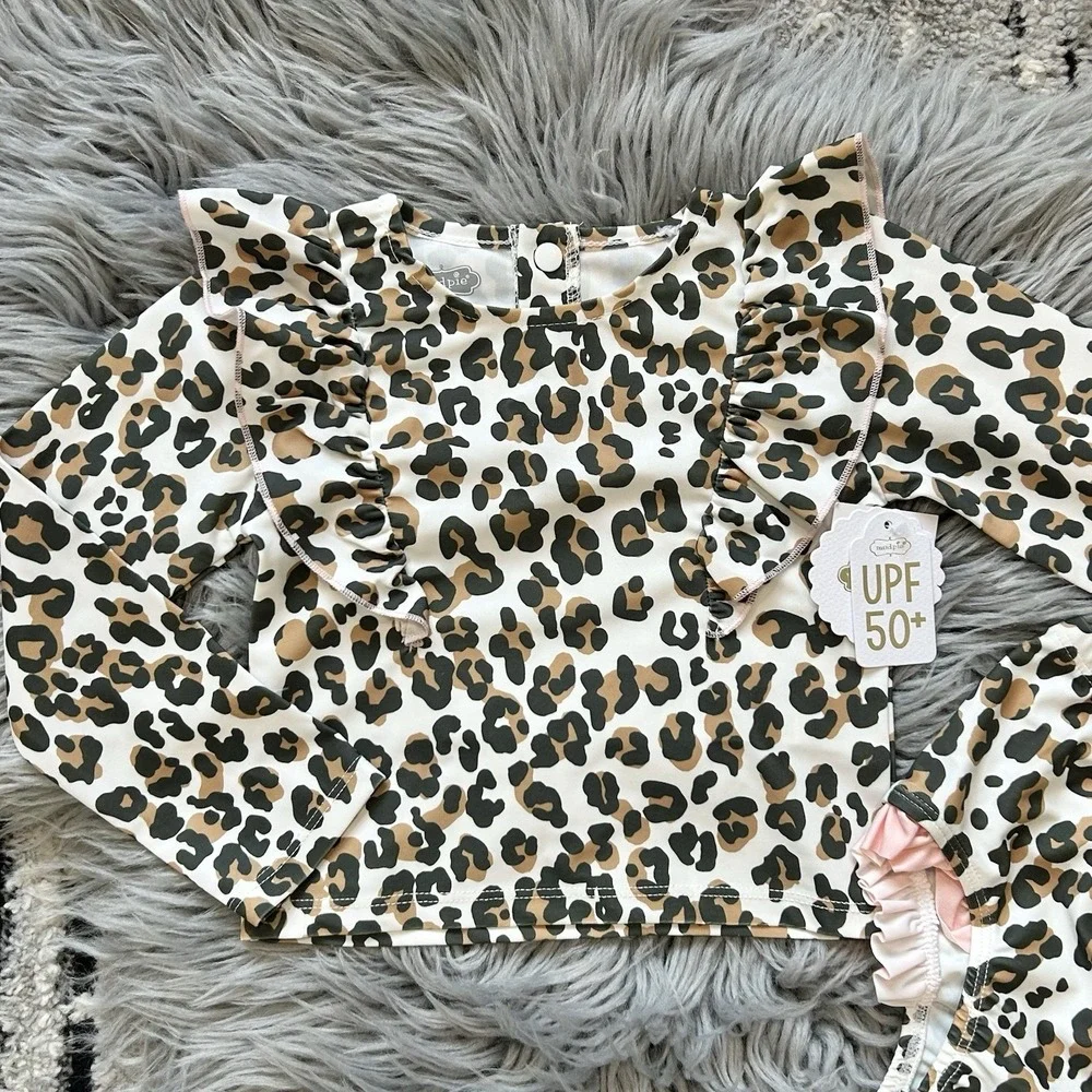 Mud Pie Ruffle Leopard Toddler Rash Guard Swimsuit Set Size 24M/2T